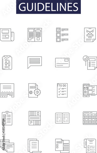 Guidelines line vector icons and signs. Rule, Procedure, Protocol, Code, Standard, Regulation, Directive, Edict outline vector illustration set
