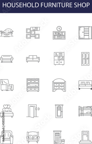 Household furniture shop line vector icons and signs. Household, Shop, Sofa, Table, Chair, Cabinets, Stools, Beds outline vector illustration set