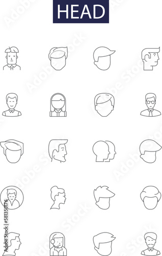Head line vector icons and signs. Scalp, Forehead, Brain, Hairstyle, Face, Noggin, Neck, Topping outline vector illustration set