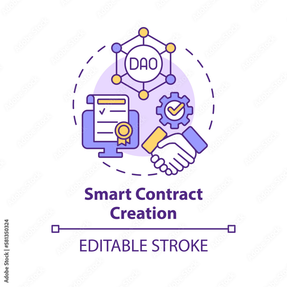 Smart contract creation concept icon. Blockchain network operation. DAO lunch step abstract idea thin line illustration. Isolated outline drawing. Editable stroke. Arial, Myriad Pro-Bold fonts used Smart contract creation concept icon. Blockchain network operation. DAO lunch step abstract idea thin line illustration. Isolated outline drawing. Editable stroke. Arial, Myriad Pro-Bold fonts used