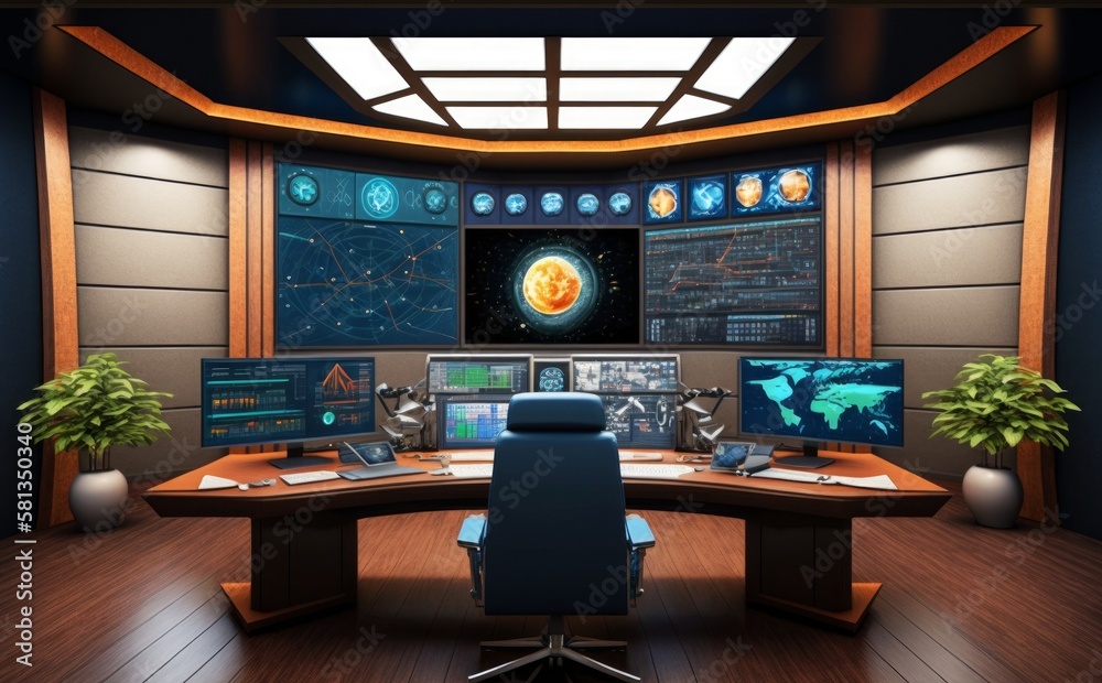 Generative AI of a control room with a lot of monitors and screens ...