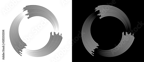 Circles with parallel lines and spiral perspective. A white circle on a black background and the same illustration with inverted colors.