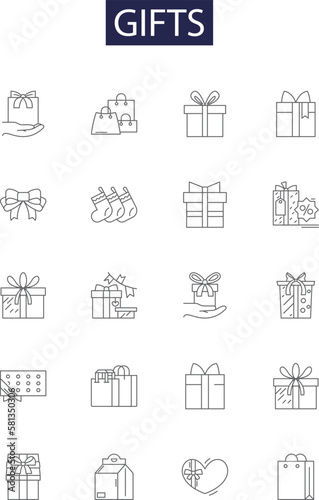 Gifts line vector icons and signs. Tokens, Souvenirs, Awards, Trinkets, Relics, Artifacts, Merchandise, Bonuses outline vector illustration set