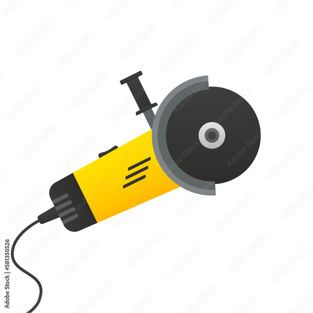 Modern working tool, hand-held, electric circular wood saw, bulgarian, angle grinder for metal with discs. Tool for repair, construction, work with wood and metal. Vector illustration Modern working tool, hand-held, electric circular wood saw, bulgarian, angle grinder for metal with discs. Tool for repair, construction, work with wood and metal. Vector illustration
