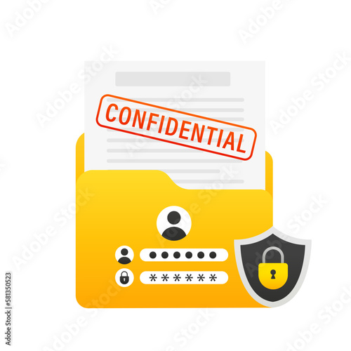 Yellow folder with confidential documents. Confidential data and information. Data protection. Protected account, profile login and password. Security shield file. Vector illustration