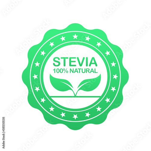 Stevia stamp or sticker on white background. Stevia label. Stevia sweetener. Sugar substitute. 100% natural stevia. Eco, organic and bio icon. Vector illustration
