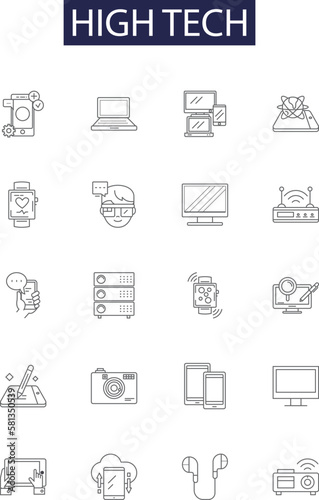 High tech line vector icons and signs. Robotics, Automation, Artificial Intelligence, 5G, Machine Learning, Quantum Computing, Nanotechnology, Smartphones outline vector illustration set