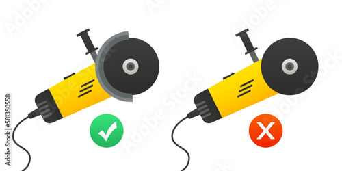 Modern working tool, hand-held, electric circular wood saw, bulgarian, angle grinder for metal with discs. Tool bulgarian with protection and without protection a tick and a cross. Vector illustration