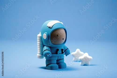 Toy astronaut on a blue background. Space for text about cosmos gadgets. Generative AI