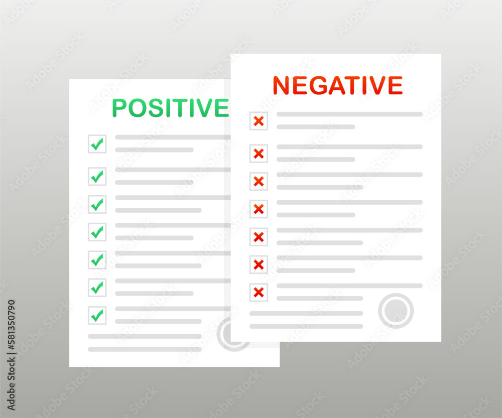 Positive and negative result. A sheet of paper with a seal. Documents with a tick and a cross. Stamps of negative and positive results on a white background. Vector illustration