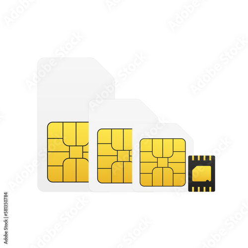 Set of SIM cards. Mobile phone icon microcircuit. Esim Card isolated 3d gsm design. Mobile communication technology symbol. Vector illustration