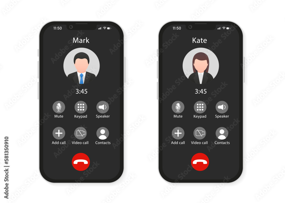 Smartphone call app interface template. Incoming call concept. Turning off the sound, keyboard, speaker button. Dark mode design mockup of mobile app page, user interface for app. Vector illustration Smartphone call app interface template. Incoming call concept. Turning off the sound, keyboard, speaker button. Dark mode design mockup of mobile app page, user interface for app. Vector illustration