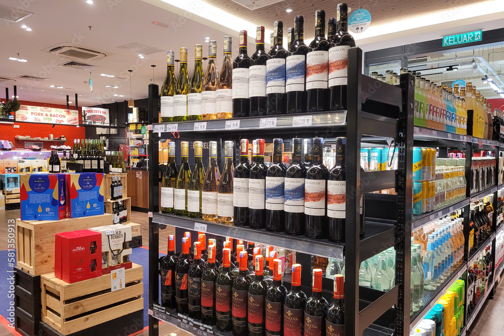 Penang, Malaysia 15 Mar 2023 Wine bottles and liquor display on the