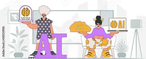 ﻿Guy and girl AI duo having a trendy look, illustrated in vector format.