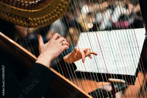 Fotografia A harp player plucking on the strings of the instrument during a classical symph