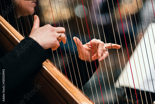 A harp player plucking on the strings of the instrument during a classical symphony orchestra performance