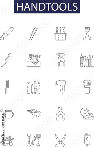 Handtools line vector icons and signs. Pliers, Hammers, Screwdrivers, Drills, Saws, Files, Chisels, Rulers outline vector illustration set