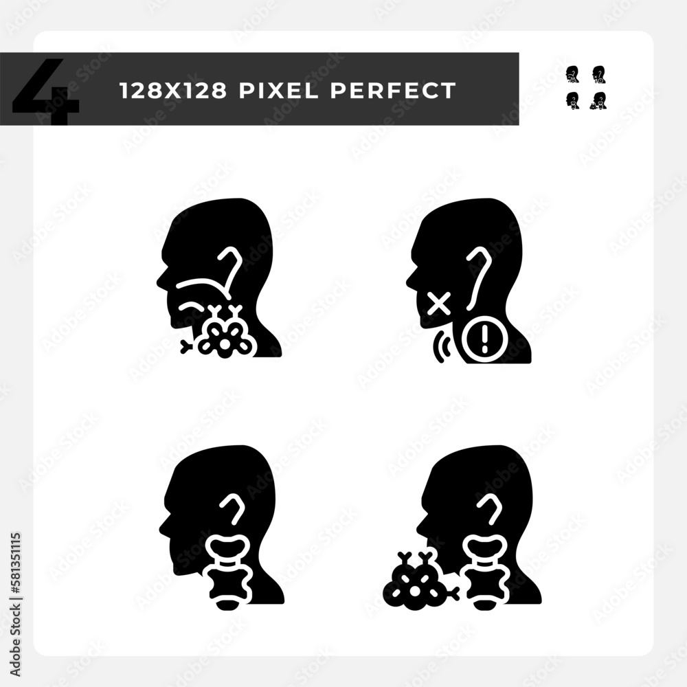Problem with throat treatment black glyph icons set on white space. Healthcare for patients. Gullet diagnostics. Silhouette symbols. Solid pictogram pack. Vector isolated illustration Problem with throat treatment black glyph icons set on white space. Healthcare for patients. Gullet diagnostics. Silhouette symbols. Solid pictogram pack. Vector isolated illustration
