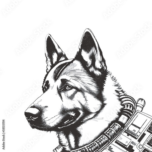 Portrait of a German Shepherd dog cyborg. Doodle sketch. Vector illustration.