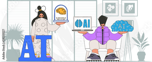 ﻿Guy and girl AI duo, stylishly illustrated in vector form.