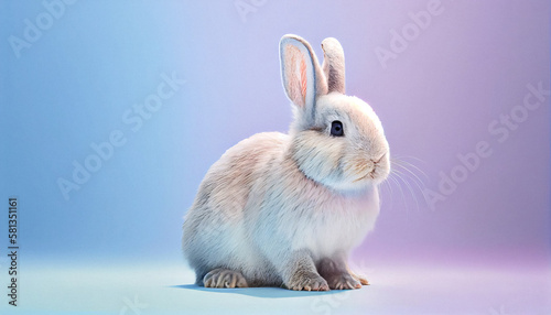 Generative AI image illustration of a cute, fluffy Easter bunny on a plain wall background with pastel colors blue and purple with copy space for text for Easter cards
