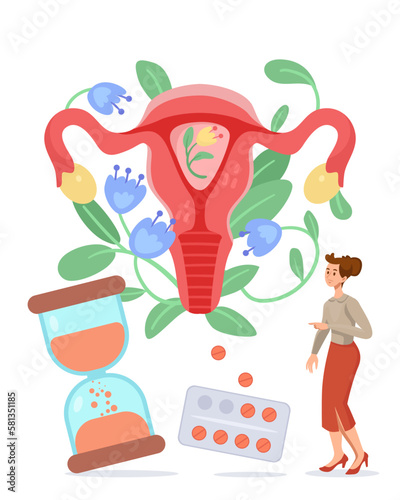 Female uterus in flowers vector illustration. Tiny woman pointing at reproduction organ, hourglass and pills on white background. Menopause, health care, female reproductive system concept