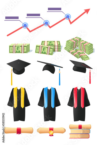 Tuition fee rise vector illustrations set. Diagram of rising prices, piles of money, diplomas, graduation gowns and caps isolated on white background. Rising inflation, crisis, education concept