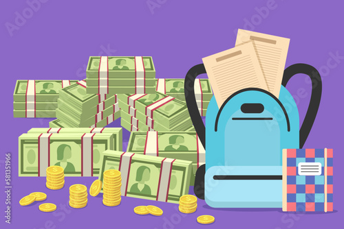 School backpack with money vector illustration. Tuition fees increasing. Families needing money for education. School equipment and dollars on purple background. Rising inflation, crisis concept