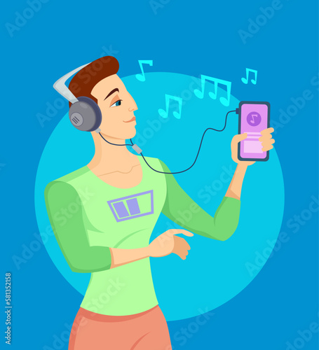 Young man listening to music vector illustration. Happy man in headphones holding smartphone, choosing song on blue background. Self-reflection, self-expression, music, hobby concept