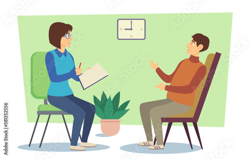 Therapy session vector illustration. Sad man talking with therapist about problems or anxiety in office. Psychologist, private psychology, psychotherapy help, mental health concept