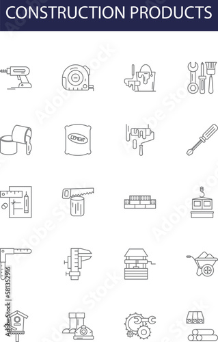 Construction products line vector icons and signs. Cement, Bricks, Timber, Plaster, Roofing, Insulation, Tiles, Paint outline vector illustration set