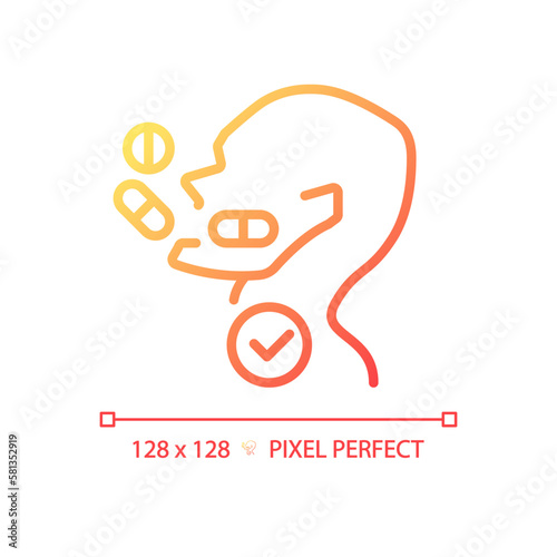 Take medication pixel perfect gradient linear vector icon. Pills falling into patient throat. Pharmacy for disease. Thin line color symbol. Modern style pictogram. Vector isolated outline drawing