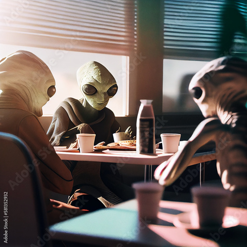 Aliens in cafe, mystical creatures, generated ai