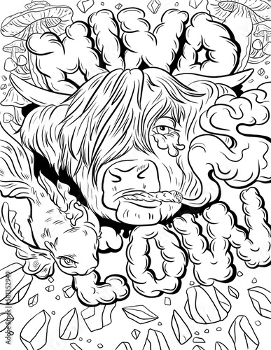 Black and white higland cow coloring page, high-minded cow,stoner coloring page