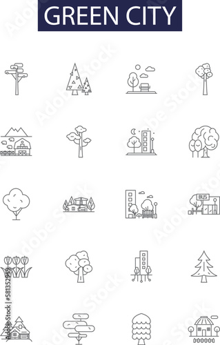 Green city line vector icons and signs. sustainable, green, urban, pollution-free, clean, low-carbon, green-space, environment outline vector illustration set photo