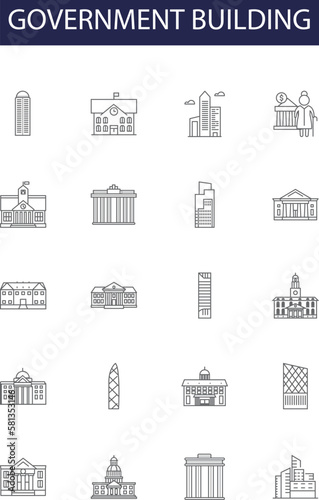 Government building line vector icons and signs. Building, Capitol, Townhall, Courthouse, Ministry, Embassy, Consulate, Manor outline vector illustration set