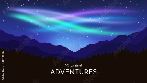 Aurora over the mountains. Night starry landscape in arctic regions. Mountains in the foreground. Vector illustration. Banner, wallpaper, postcard design.