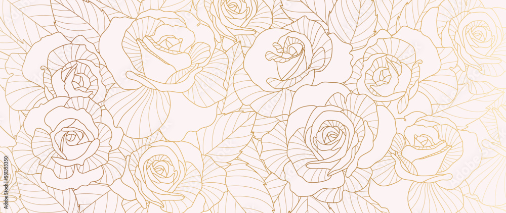 Luxury golden rose flower line art background vector. Natural botanical elegant flower with gold line art. Design illustration for decoration, wall decor, wallpaper, cover, banner, poster, card. - obrazy, fototapety, plakaty 