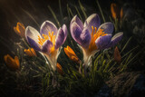 Sunlit Crocus Flowers Sprouting on Lush Green Grass. AI