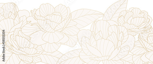 Luxury golden peony flower line art background vector. Natural botanical elegant flower with gold line art. Design illustration for decoration, wall decor, wallpaper, cover, banner, poster, card.