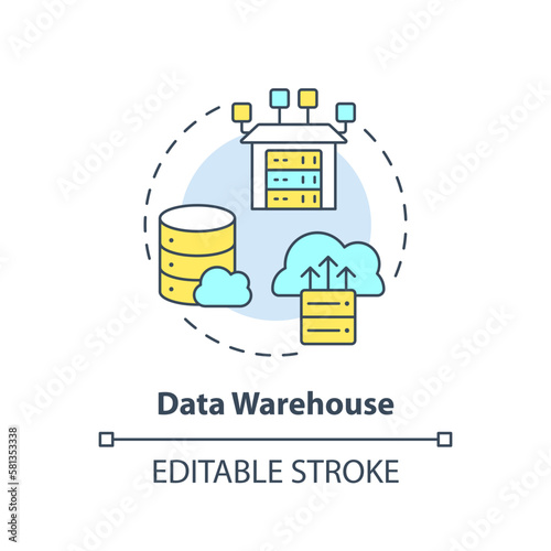 Data warehouse concept icon. Online storage. Information analytics. Data repository abstract idea thin line illustration. Isolated outline drawing. Editable stroke. Arial, Myriad Pro-Bold fonts used