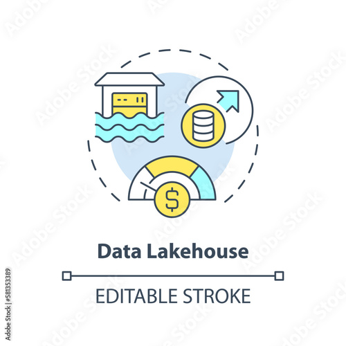Data lakehouse concept icon. Lake and warehouse combination. Data repository abstract idea thin line illustration. Isolated outline drawing. Editable stroke. Arial, Myriad Pro-Bold fonts used