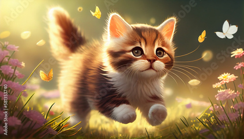 Cute kitten in a spring meadow, generated ai