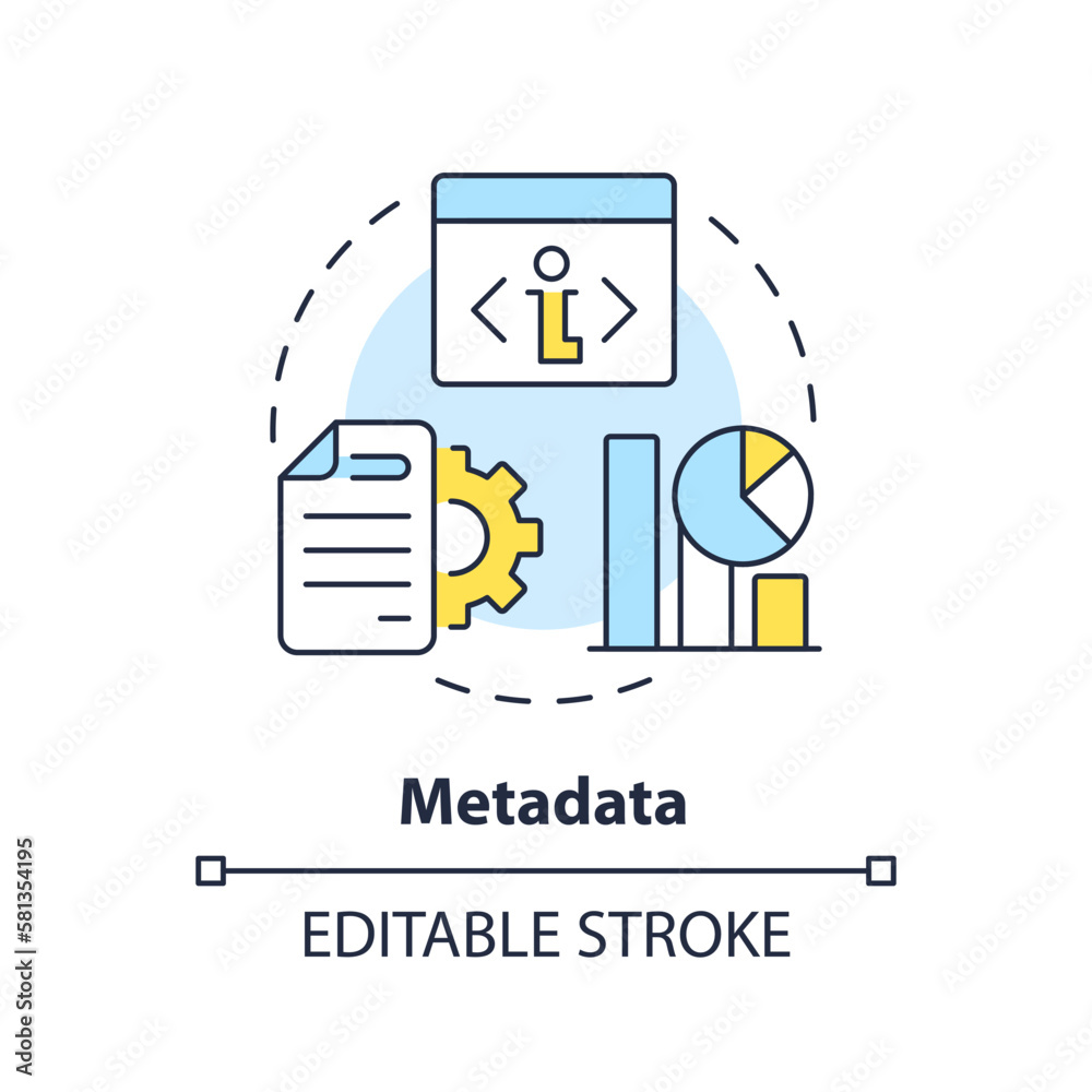 Metadata concept icon. Additional information about file. Data lake vs data warehouse abstract idea thin line illustration. Isolated outline drawing. Editable stroke. Arial, Myriad Pro-Bold fonts used