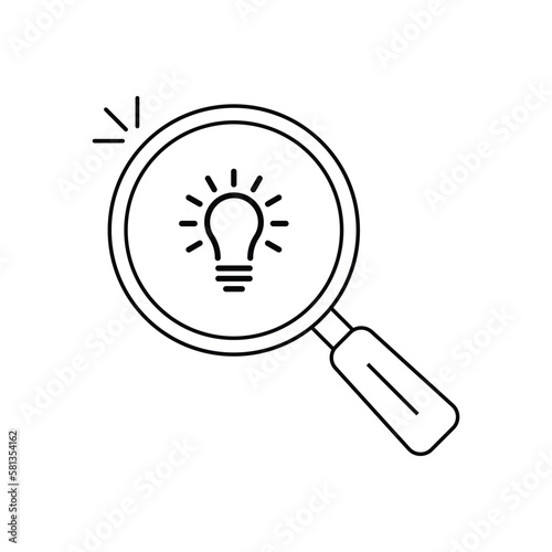 black thin line magnifying glass with bulb inside. flat linear simple trend modern visionery logotype stroke design isolated on white. concept of suggest simplicity or survey and studying process