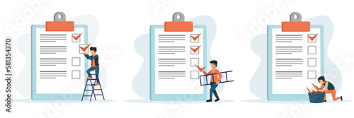 Work planning and time management concept with people. People check off completed items on to do list. Cartoon characters making notes. Vector illustration