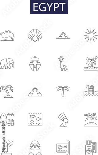 Egypt line vector icons and signs. Pyramids, Pharaohs, Nile, Cairo, Giza, Isis, Thutmose, Tutankhamun outline vector illustration set