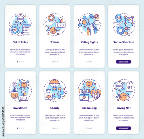 DAO elements and usage purpose onboarding mobile app screens set. Walkthrough 4 steps editable graphic instructions with linear concepts. UI, UX, GUI template. Myriad Pro-Bold, Regular fonts used