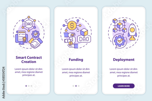 DAO lunch stages onboarding mobile app screen. Internet technology walkthrough 3 steps editable graphic instructions with linear concepts. UI, UX, GUI template. Myriad Pro-Bold, Regular fonts used