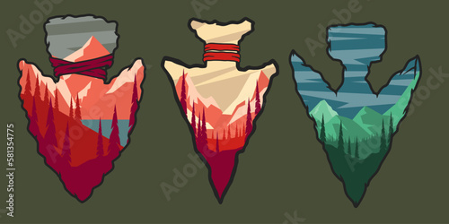 Set of emblems with arrowhead with mountain landscape. Design element for poster, card, banner, sign. Vector illustration